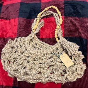 Chic Tan Crochet Tote with Wooden Bead Handle